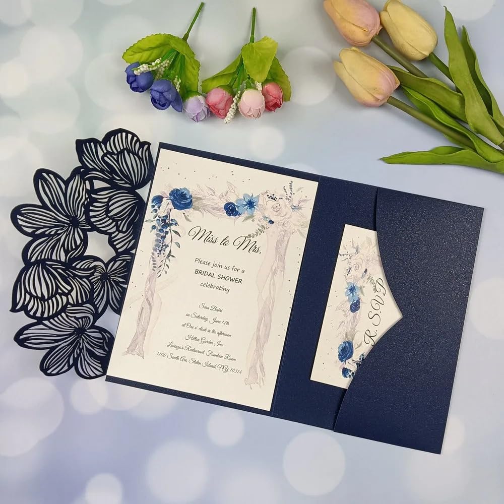 Faire-Part De Mariage Kit de 50 Cartes d'invitation de Mariage à Trois Volets découpées au Laser, Feuilles Vertes et Bleu Marine, Pochette d'invitation personnalisée(Blue1,Laser Cover Only)