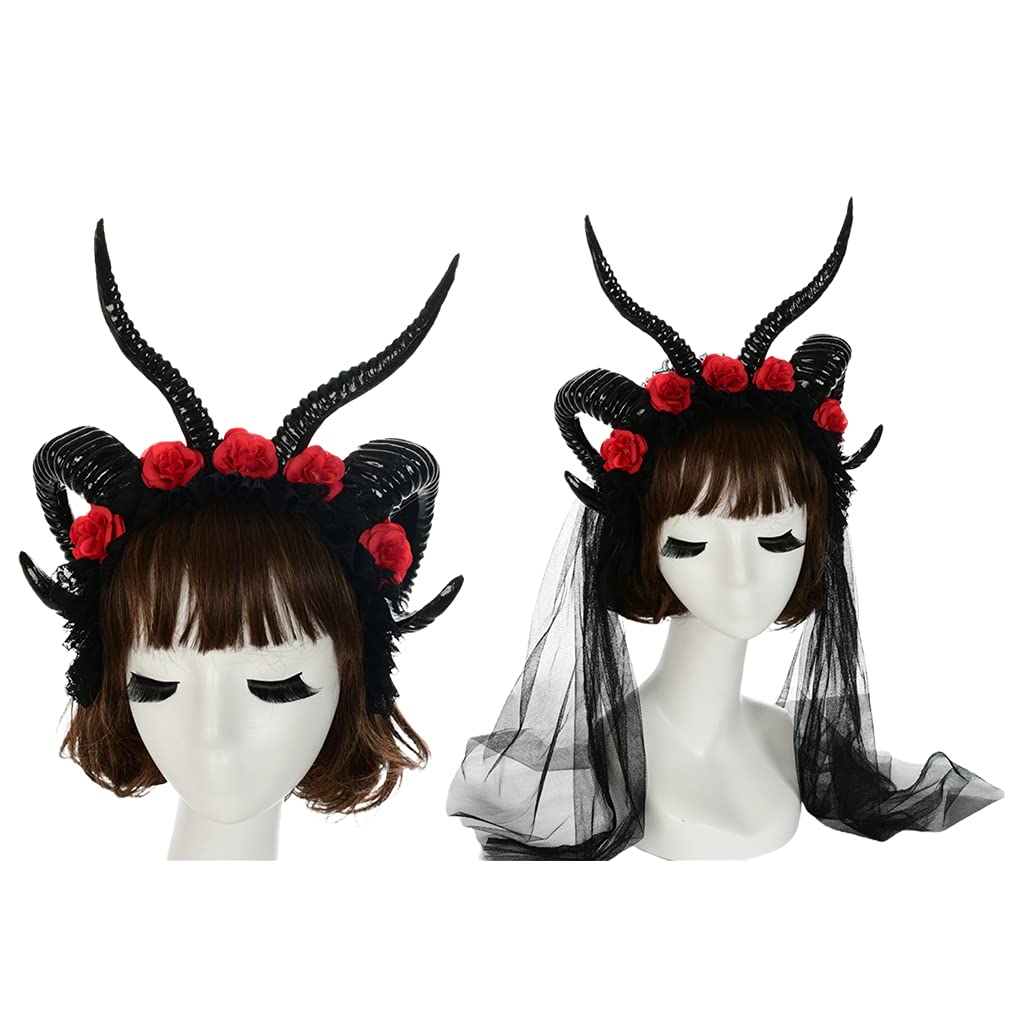 Cerchietto per capelli, da donna, in corno di pecora, in pizzo, con velo, fascia per capelli per feste di Halloween, Natale, accessori creativi per capelli