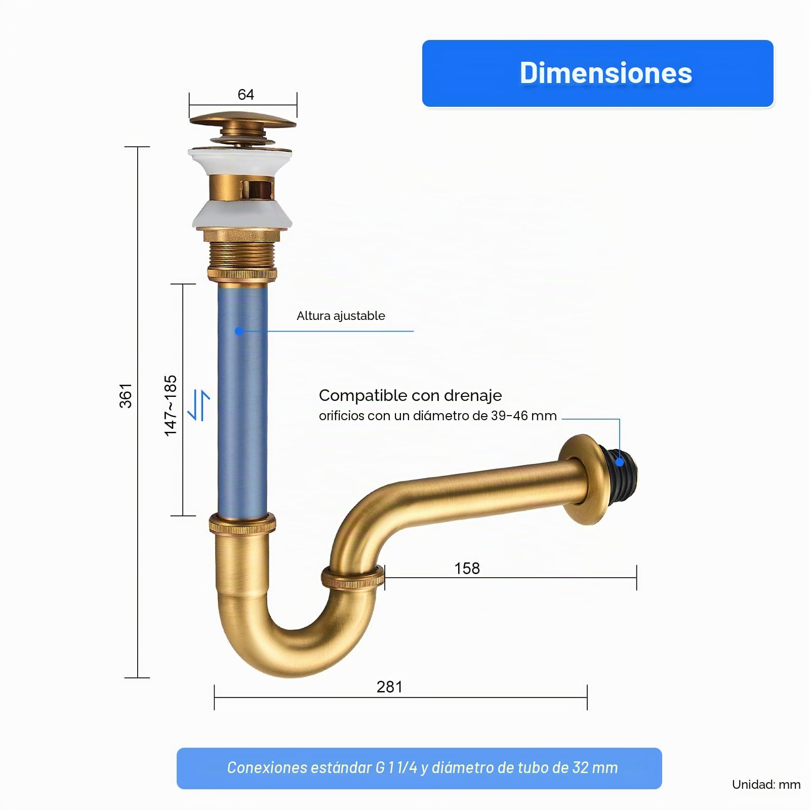 Trampa en P de acero inoxidable y latón con ranuras, 1 1/4 pulgadas x 32 mm, universal para fregadero de baño y lavabo con desbordamiento, trampa de olores ajustable en altura, acabado