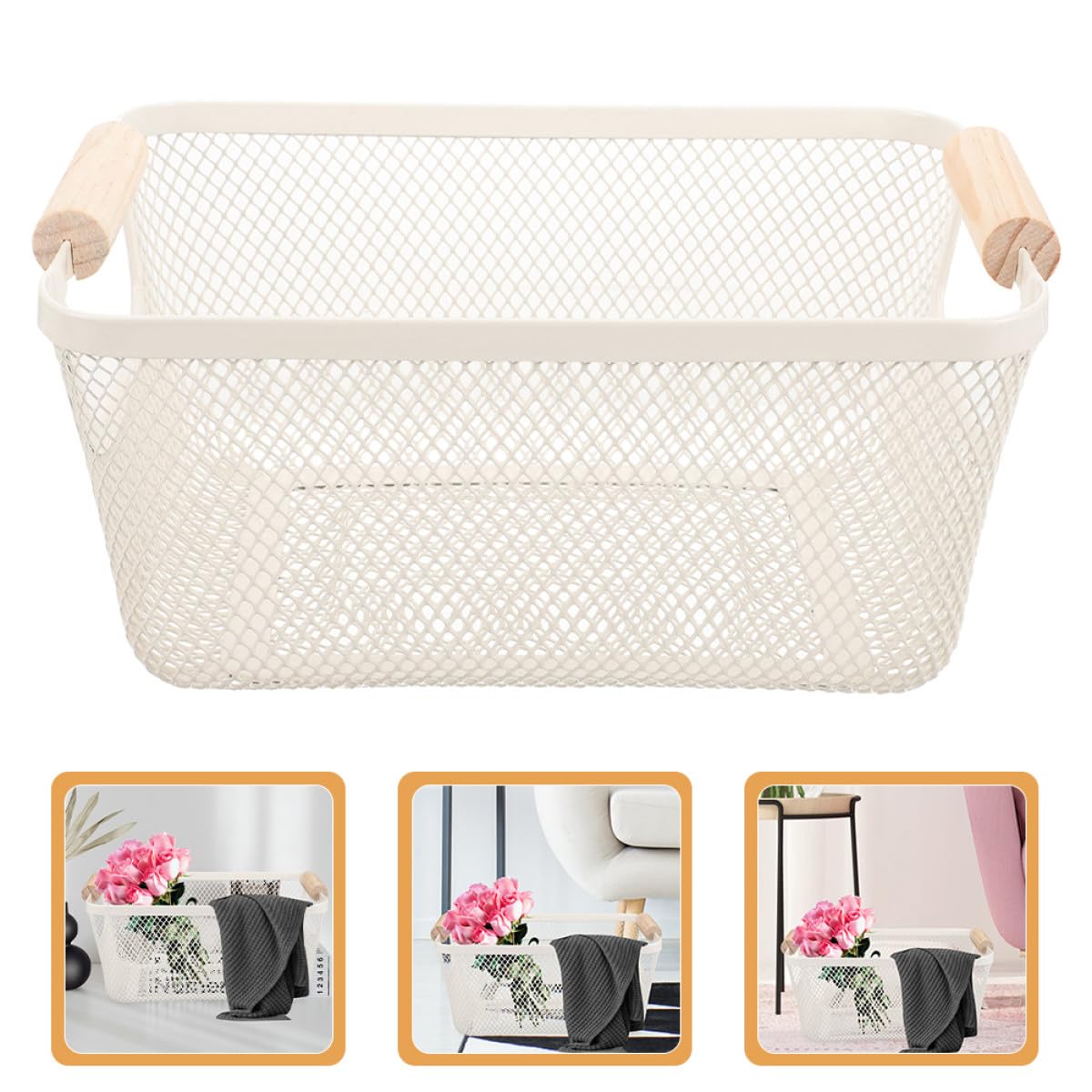 Cesta Gran Capacidad de Hierro de Almacenamiento Mango de Madera Estilo Nórdico Rectangular Blanco y Fácil de Transportar para Organización de Baño
