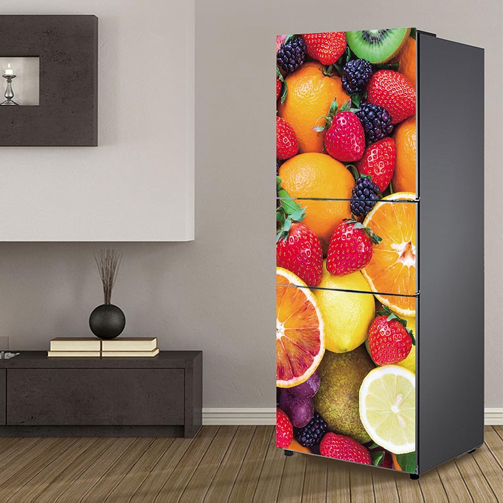 Myxjx One Color Fridge Wrap, Full Covering Door Fridge Covers Skins Wall Stickers For Kitchen Decal, Strawberry And Orange Color Fruit