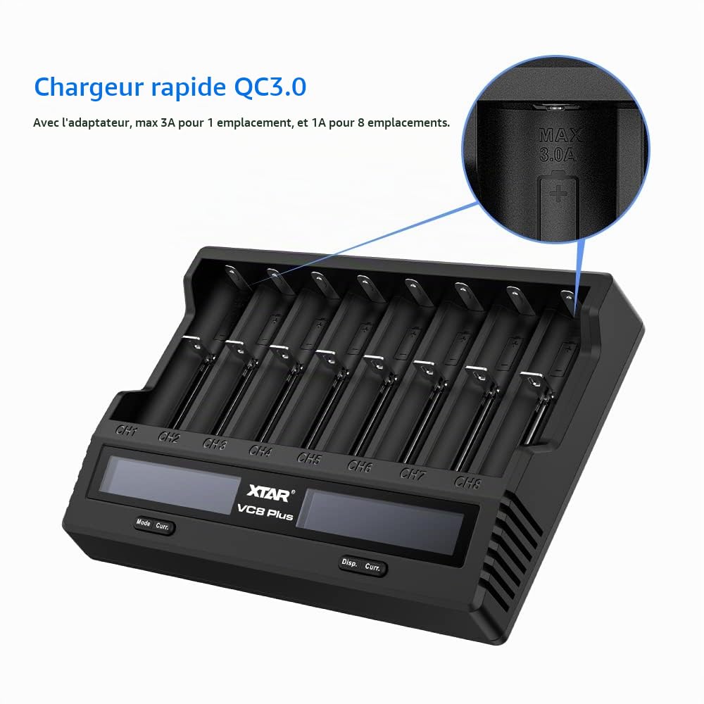 Chargeur de Batterie 18650 8 emplacements XTAR VC8 Plus 3 A Fast 21700 pour Batteries Liion 3,6 V et 1,2 V AA C avec Adaptateur Prise Britannique
