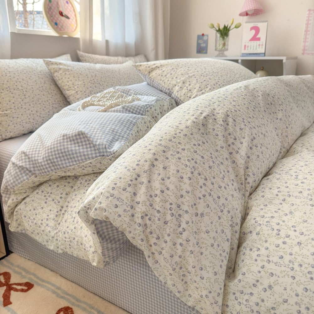 Nayoroom Blue Floral Gingham Duvet Cover Queen Size 100% Cotton Reversible Plaid Cottagecore Bedding 3 Pcs Soft Breathable Aesthetic Spring Comforter