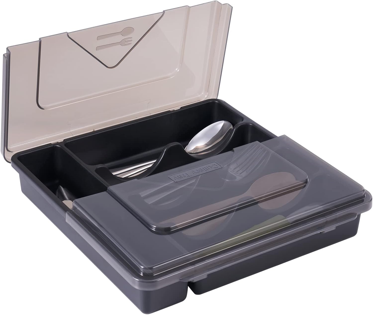 Erweicet Silverware Tray with Lid, 5 Compartments Cutlery Tray with Cover Plastic Flatware Organizer and Storage