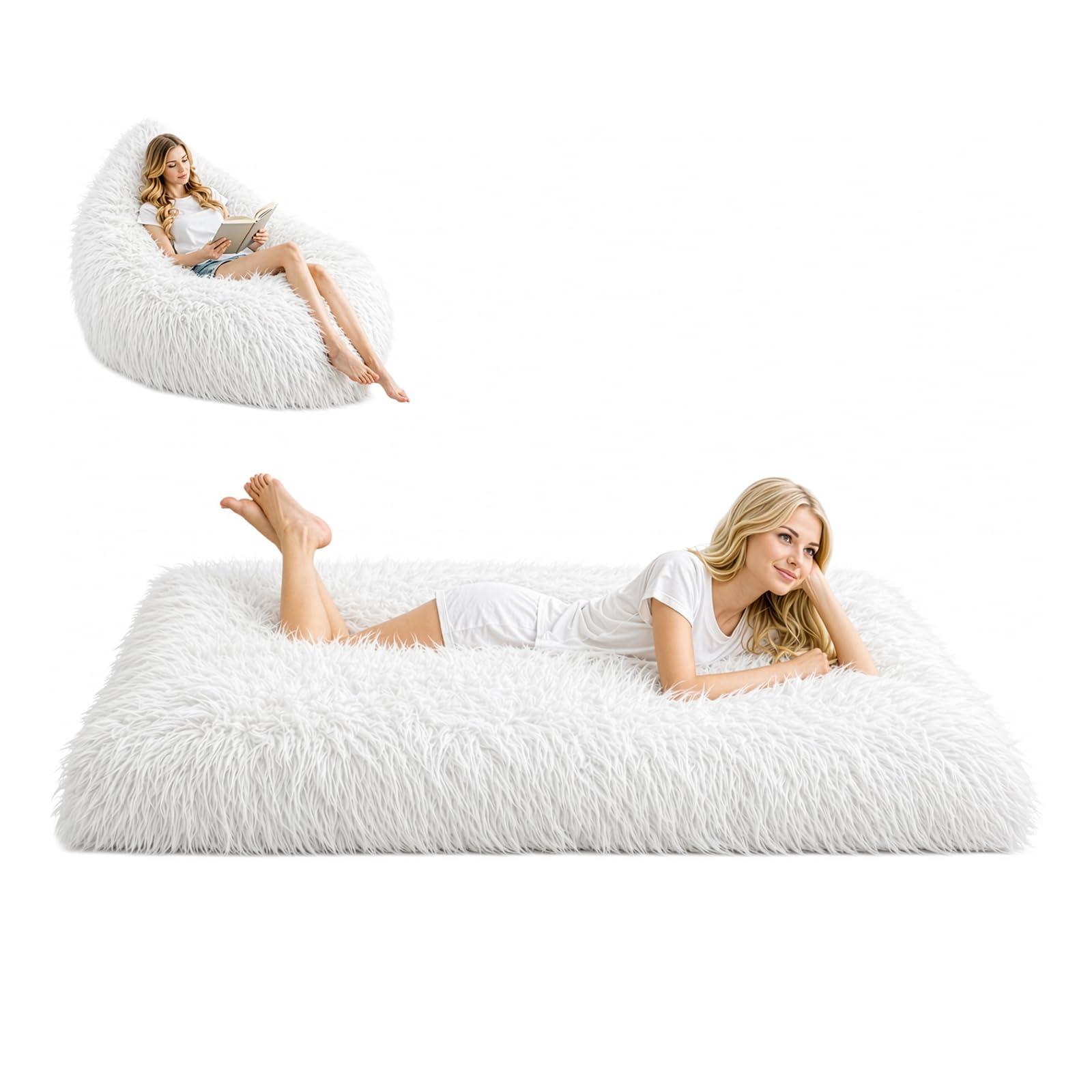 Large Grey Bean Bag Chair Bed No-Fill Lined Soft and Comfortable Single-person Square Bean Bag Chair for Floor Sleeping, Guest Bed, Room, Dorm - Machine Washable Faux Fur Comfy Bean Bag Cover (White)