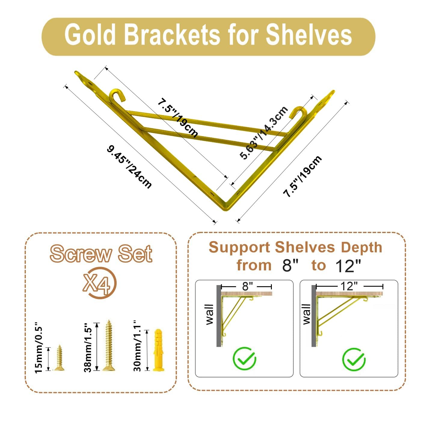 Z METNAL Gold Shelf Brackets, Triangle Shelving Brackets - Image 2
