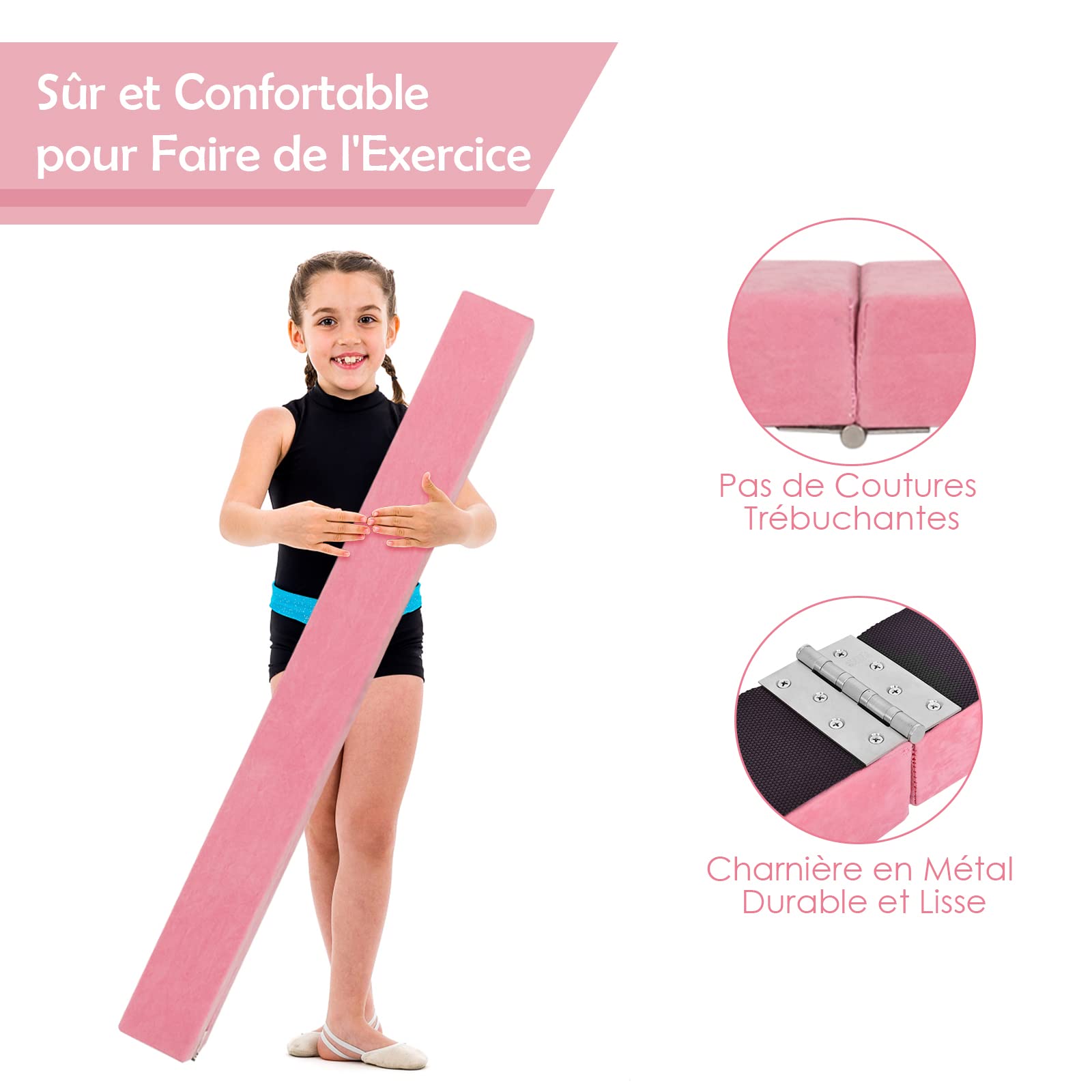 GYMAX Poutre Gymnastique pour Enfant, Poutre d'Équilibre Pliable 210CM, Portable, Robuste en Bois Massif, avec Patins Antidérapant & Surface Douce, Transport Facile, pour Danse/Fitness (Rose)