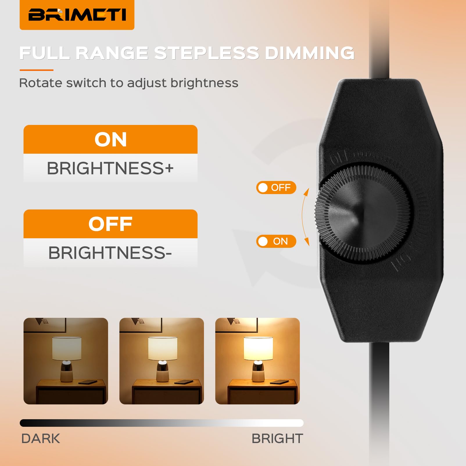 Regulador LED con Interruptor, BRIMETI 2 Meter Regulador de Intensidad Cable, Dimmer Lámparas LED 220-240V, 100W Max Enchufe Cable Extensión Regulador Rotativo, Interruptor Dimmer para Led Regulable