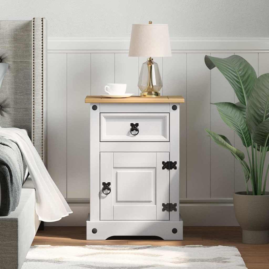 Comodino Corona, bianco, in legno di pino massiccio, 45 x 35 x 64 cm, con cassetto e vano portaoggetti, tavolino versatile per camera da letto, soggiorno, corridoio e camera degli ospiti