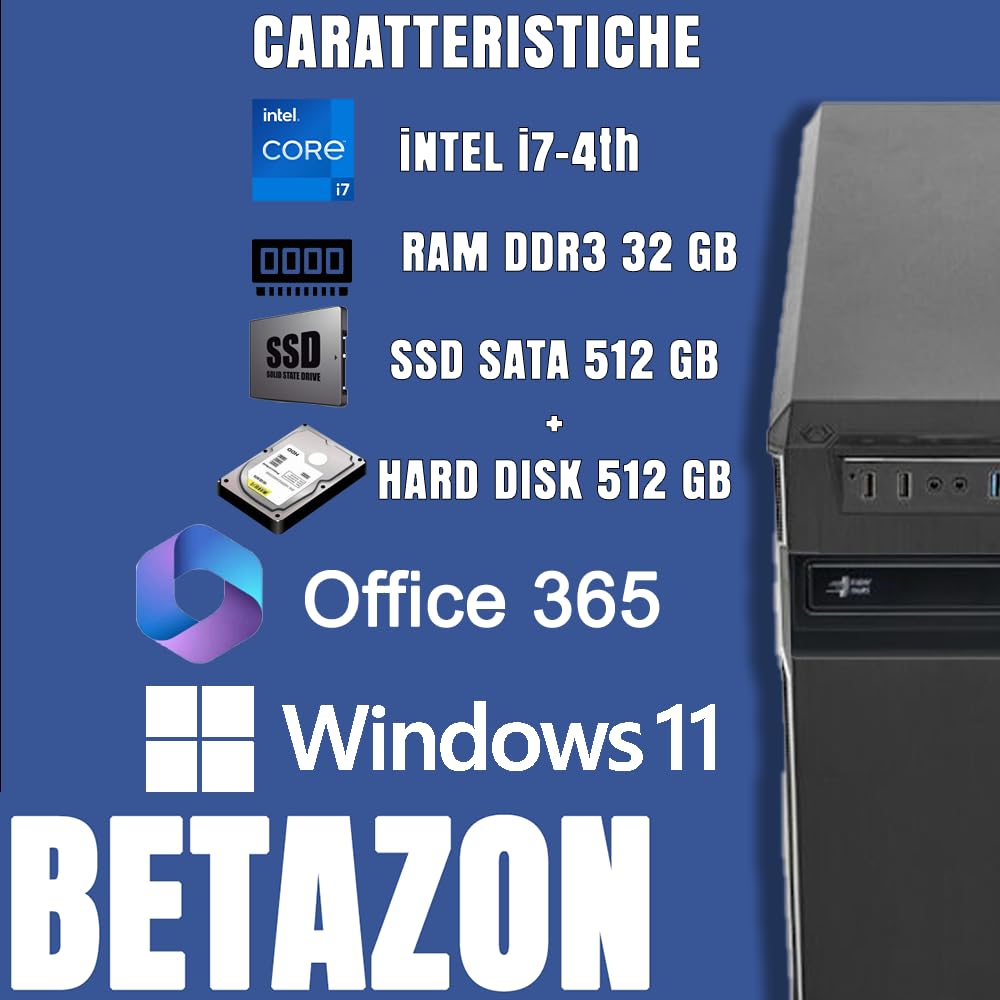 PC Fisso NUOVO pronto all'uso • Intel core i7-4th • 32GB RAM DDR3 • 1TB (512 SSD + 512 HDD) • Windows 11 Pro • Office 365 • WiFi • DVD • USB 3.0 • Ideale per ufficio, casa e studio • Garanzia 2 anni - 3