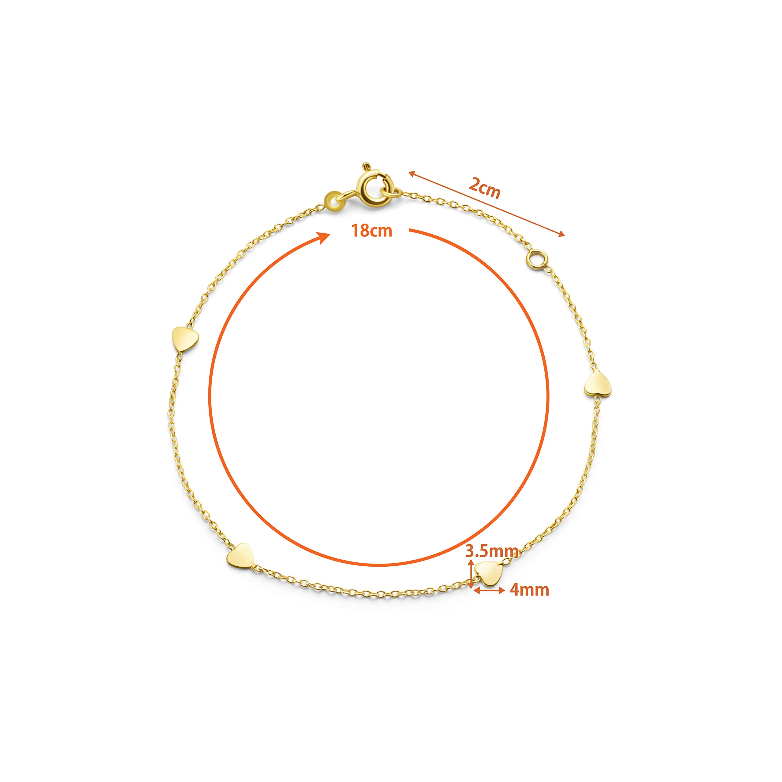 OROVI Armband Damen -9 Karat 375 Gelbgold– Herz Armband Gold, Goldkette 16+2 cm, Charms Anhänger Herzen, Hypoallergene Armkette, Schmuck Damen, Gold Schmuck gefertigt in Italien, mit edler Schmuckbox