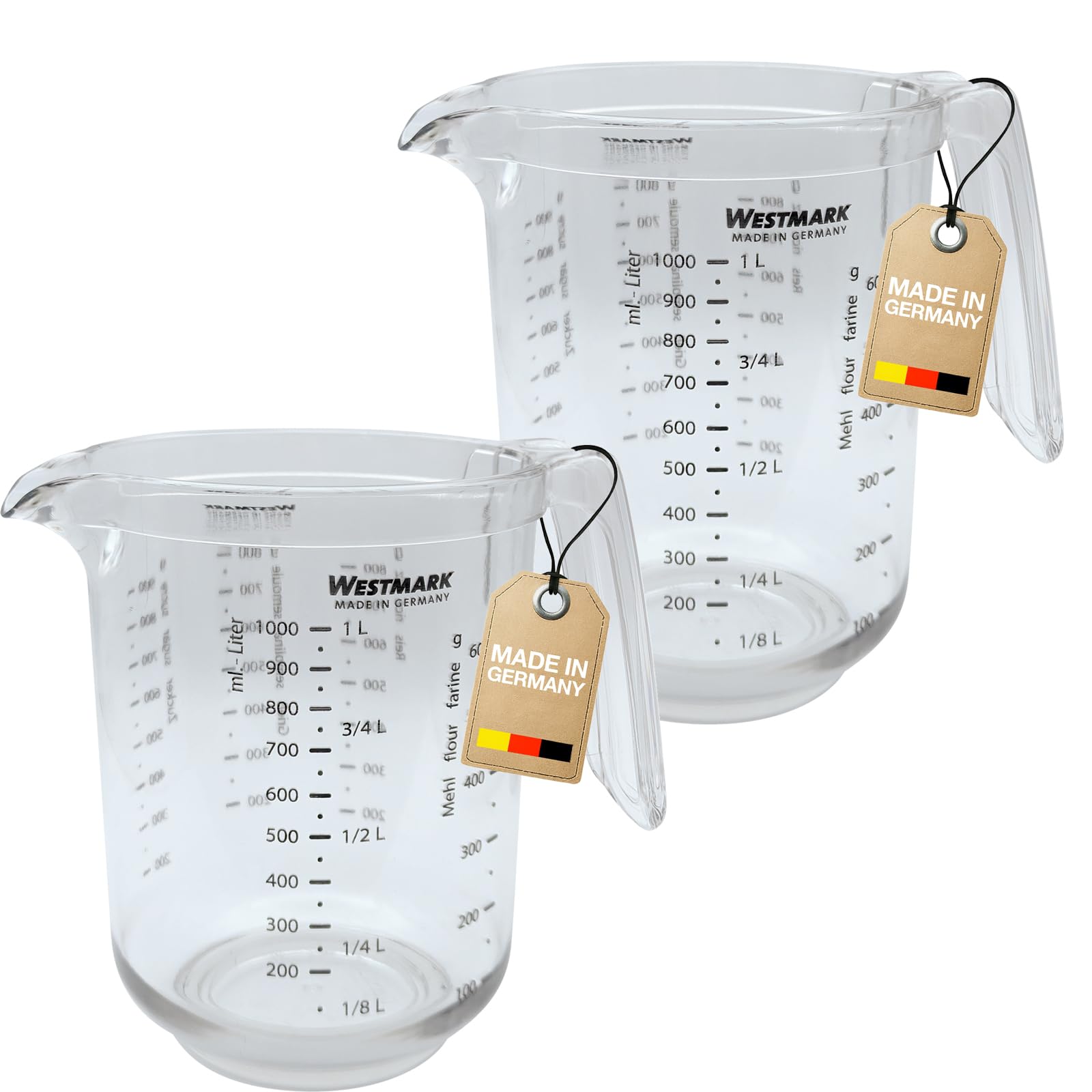 Westmark Gerda 306822E3 2 Measuring Jugs/Cups with Multilingual Measuring Scales and Various Units, Filling Volume: 1 Litre, Plastic, Transparent