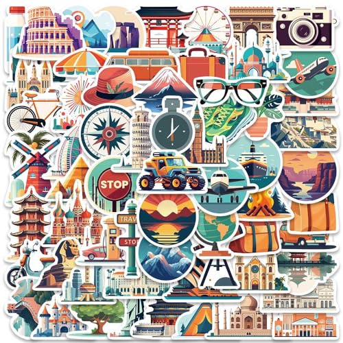 World Travel City Aesthetic Stickers for Luggage 65Pcs Travel Waterproof Vinyl Stickers Pack for Water Bottle Laptop Suitcase Scrapbook Journal Cars Famous City Scenery Decals