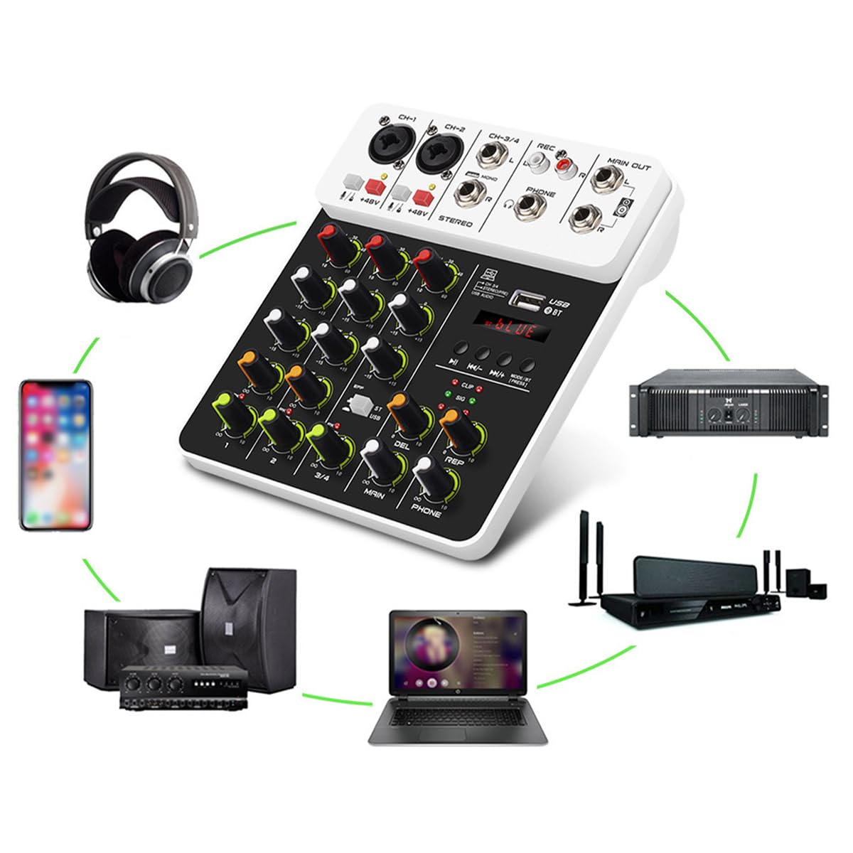 DJ MixerAudio TunerLive Audio Mixing ConsoleZasilanie Phantom 48 VKompatybilny wzmacniacz słuchawkowyMikrofon do laptopaInstrumenty elektroniczne