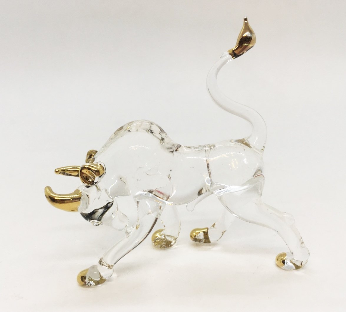Witnystore Clear Gold Tiny 2" Charging Bull Figurine - Miniature Hand Blown Glass Bulls Ox Oxen Bovid Bovine Cattle Farm Animals Small Crystal Decorative Figures Collectible Figurines Home Décor Gifts