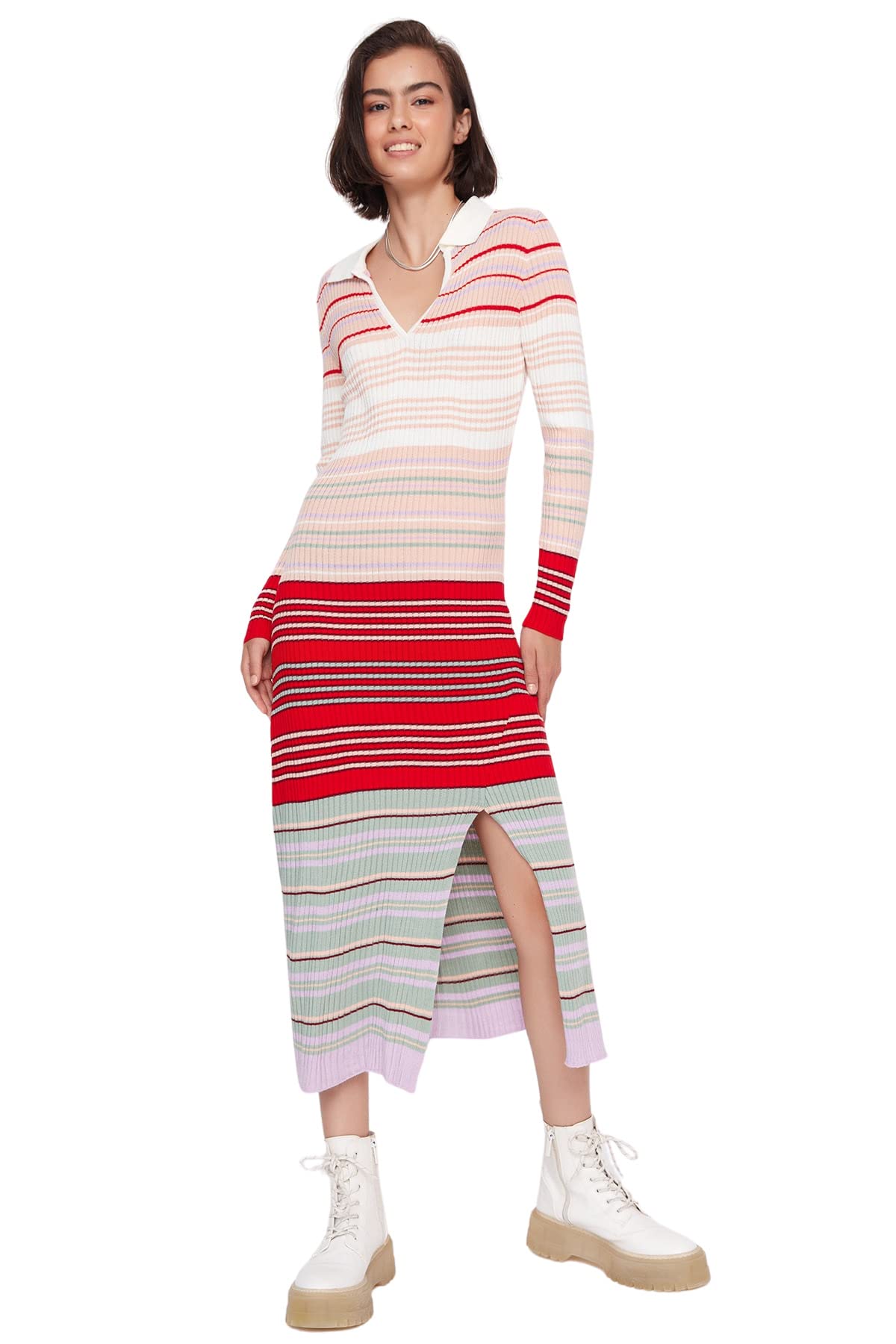 Trendyol Vestido de Punto Ajustado Midi para Mujer, Polvo, M