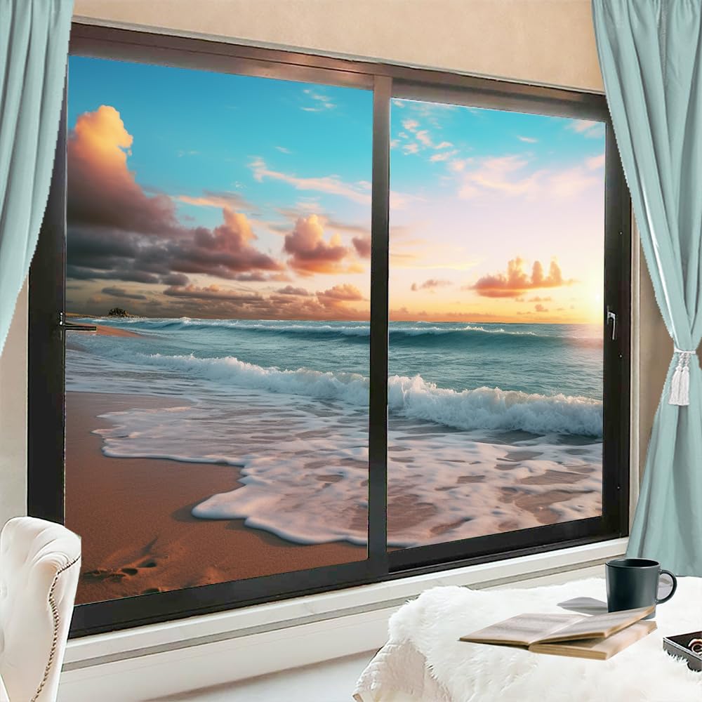 Dunmat Morning Sunshine Ocean Window Film Heat Blocking Nature Landscape Beach Privacy Window Decor Glass Door Covering Self-Adhesive Window Film for