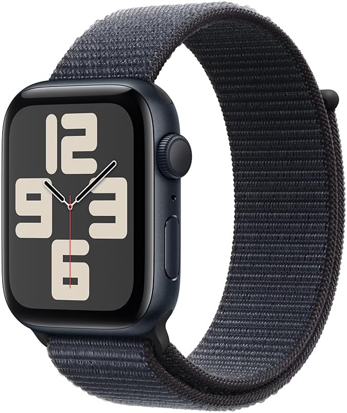 Review do Apple Watch SE GPS: O que a caixa meia-noite revela? 1 Apple Watch SE GPS • Caixa meia-noite de alumínio – 44 mm • Pulseira loop esportiva tinto