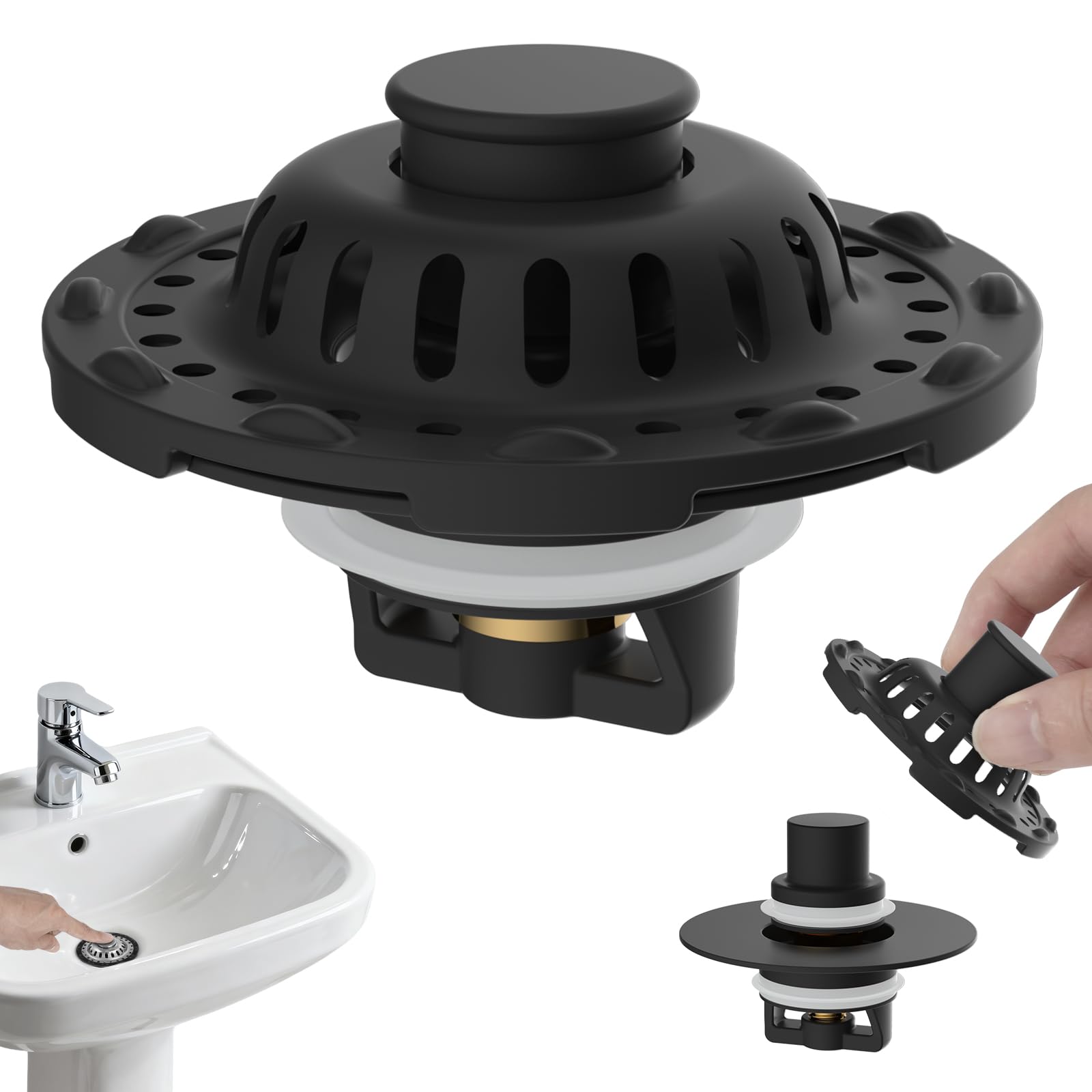 Hibbent Upgraded 3 in 1 Bathroom Sink Plug, Stainless Steel, Black — image 1