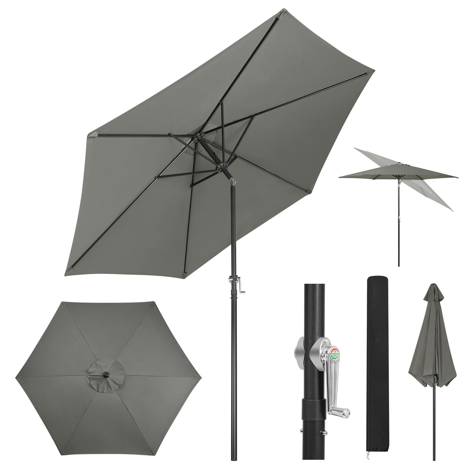 WOLTU Somrilla de Jardin Ø240 cm, Parasol Grande con Manivela y Mecanismo de Inclinación, Parasol Anti UV para Playa Terraza Piscina Mercado y Patio, Gris Oscuro