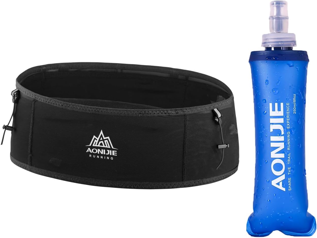 AWKSPORTS Running Hydration Belt with 250ml Soft Flask for Women and Men, Moisture Wicking Storage Belt for Trailing Running Climbing Jogging Cycling Workout (Full Black,M/L)