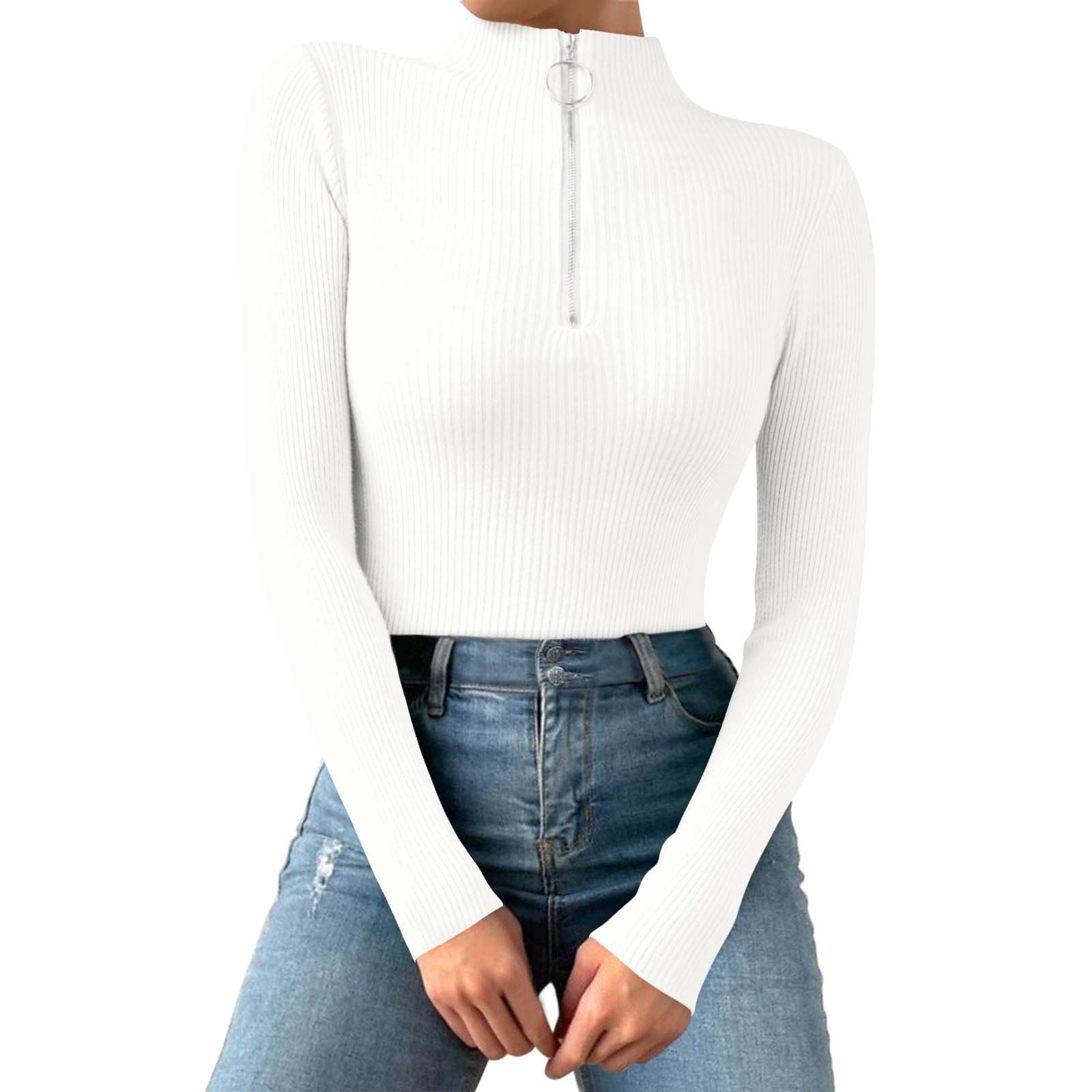 Camiseta interior de manga larga para mujer con cuello alto, camiseta de manga larga con cremallera 1/4, corte ajustado, monocolor, camiseta básica, acanalada, sudadera de punto, jersey