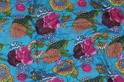 Image of Indian Hand-Block Printed Jaipuri Fruit Print Floral Ethnic Sanganer Kurti Print Cotton Fabric (10 Yards, Turquoise Fruit)
