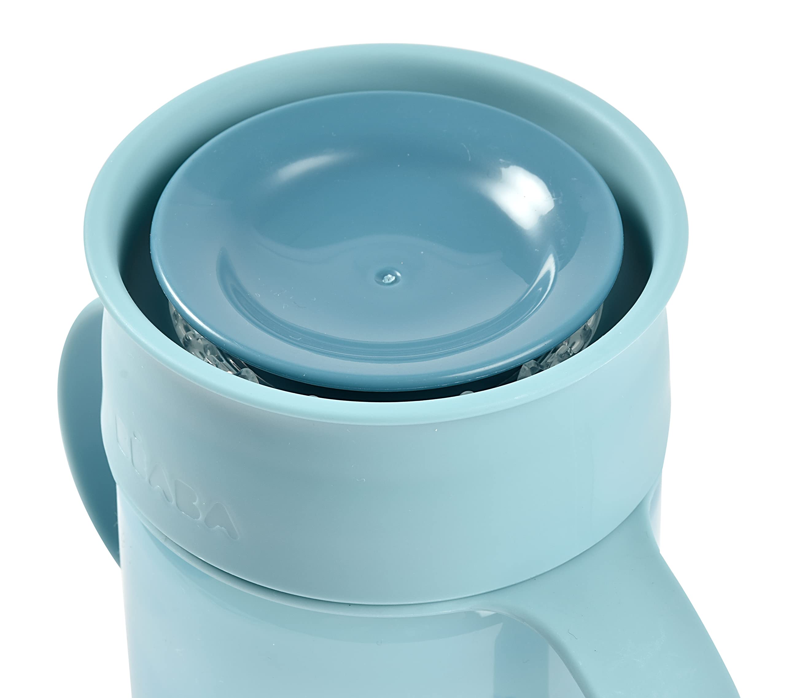 Béaba, Tazza di apprendimento 360° con disco antigoccia, sistema brevettato anti-fuga, da 12 Mesi, manici rimovibili, con coperchio igienico, solido e leggero, 340 ml, blu