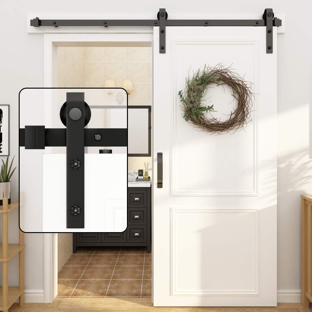 Kit de portes coulissantes pour portes intérieures : rail de porte coulissante pour porte simple – Kit de portes coulissantes noires lisses et silencieuses pour chambre/salle de bain (rail uniquement)