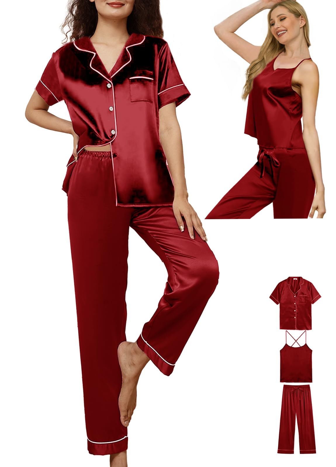3Pcs Womens Satin Pajamas Set Silk Pj Sets Sexy Camisole Tops And Pants Silky Pajama XS-4XL Pjs Sleepwear