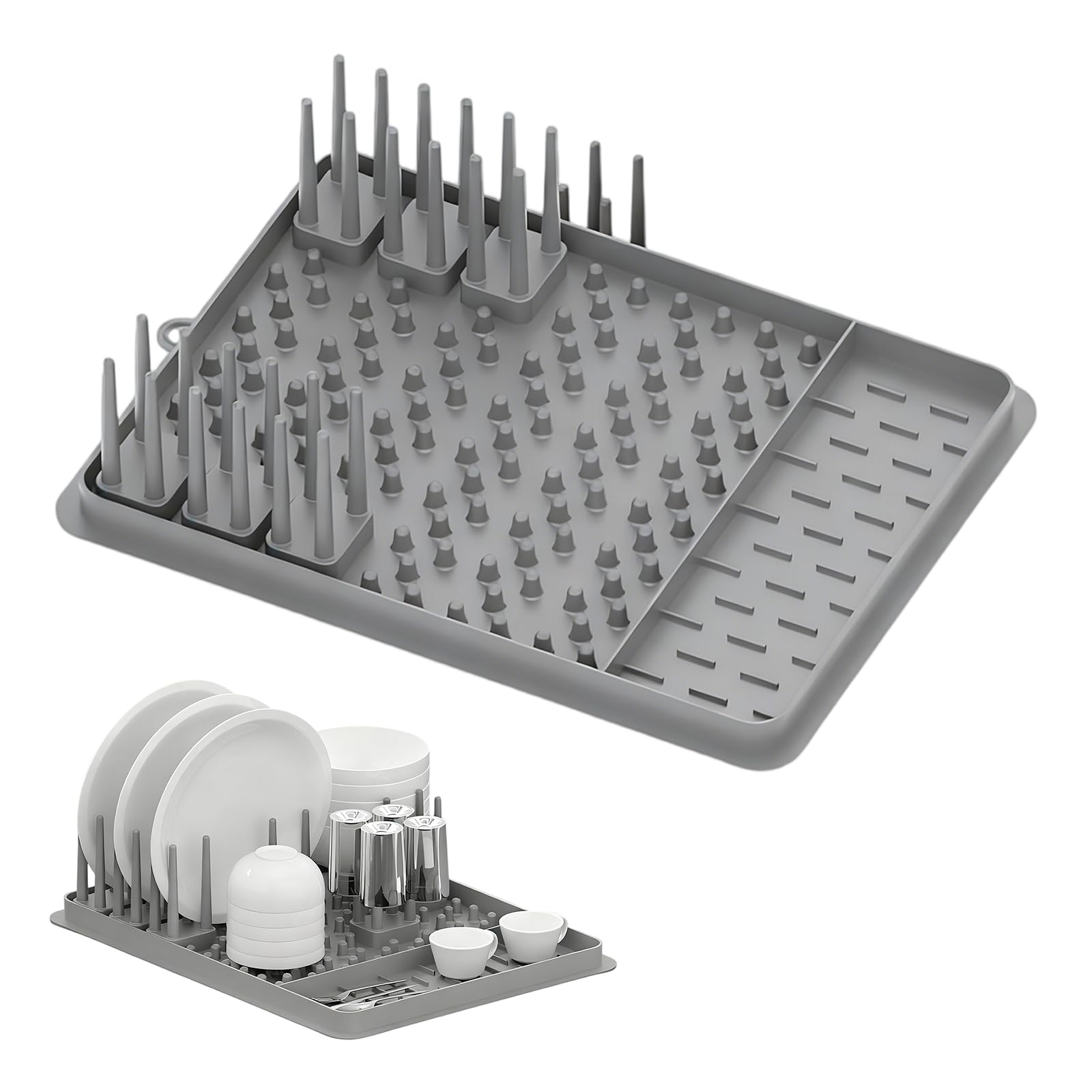 Alyxen Grey Silicone Dish Drying Mat,Dish Drainer Rack With Removable Cutlery Holder And Drainage Spout,Kitchen Dish Plate Drainer,Sink Drainer Tray For Kitchen Counter Plates, Cups, Pots & Pans (Gray)