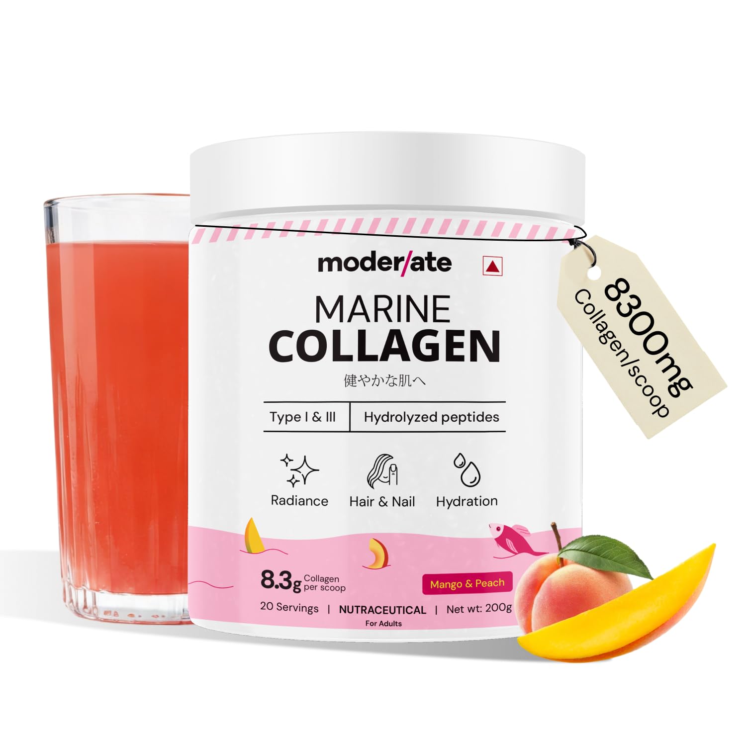 Moderate Marine Collagen Powder for Women, Type 1 & 3 Hydrolyzed Collagen Peptides with Glutathione, Hyaluronic Acid, Biotin, Vitamin C, Mango Peach Flavour for Skin, Hair, Nails and Hydration, 200g-image-44