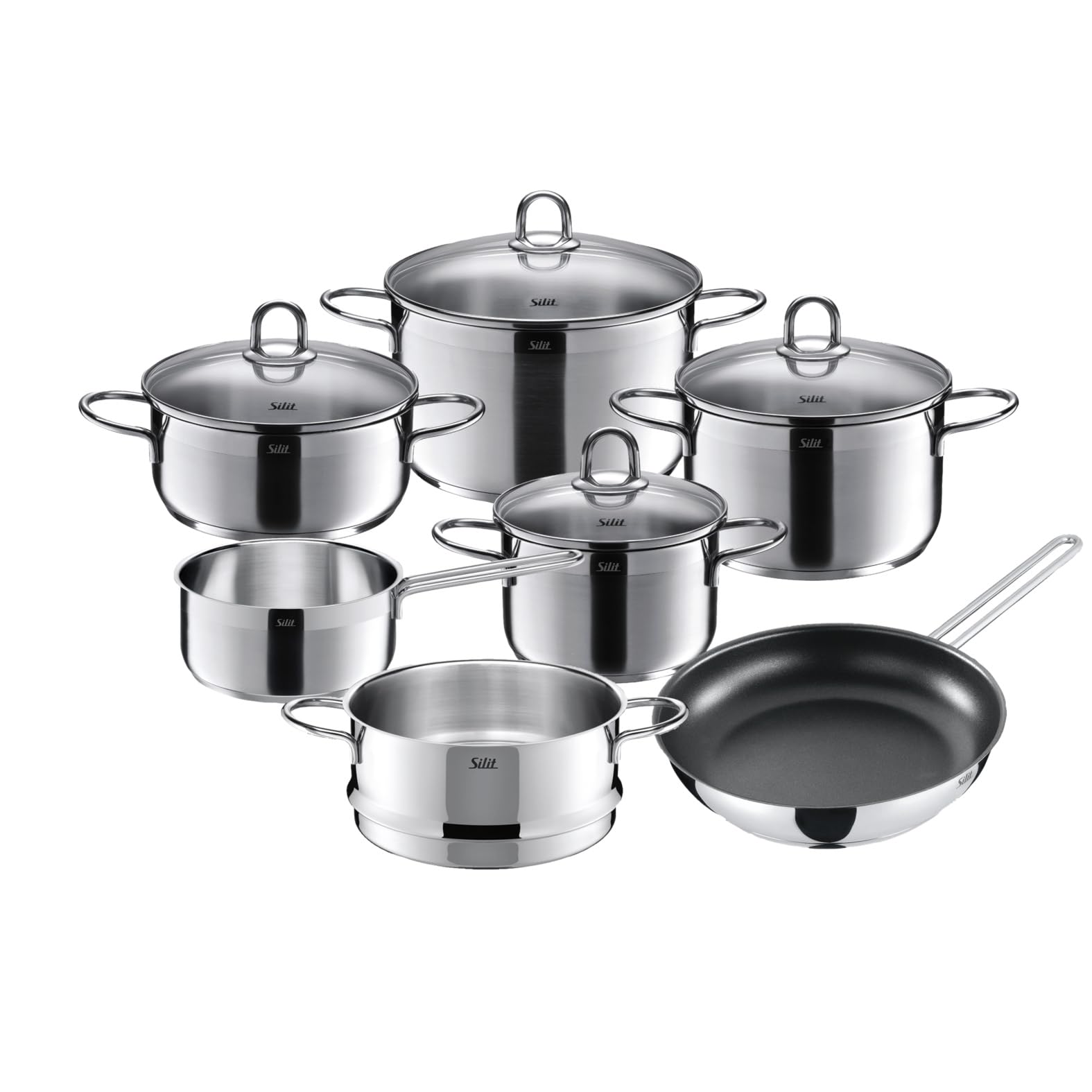 Silit Diamant Topfset Induktion 7-teilig, Kochtopf Set mit Glasdeckel, Pfanne, Dämpfer, Edelstahl poliert, Töpfe Set unbeschichtet