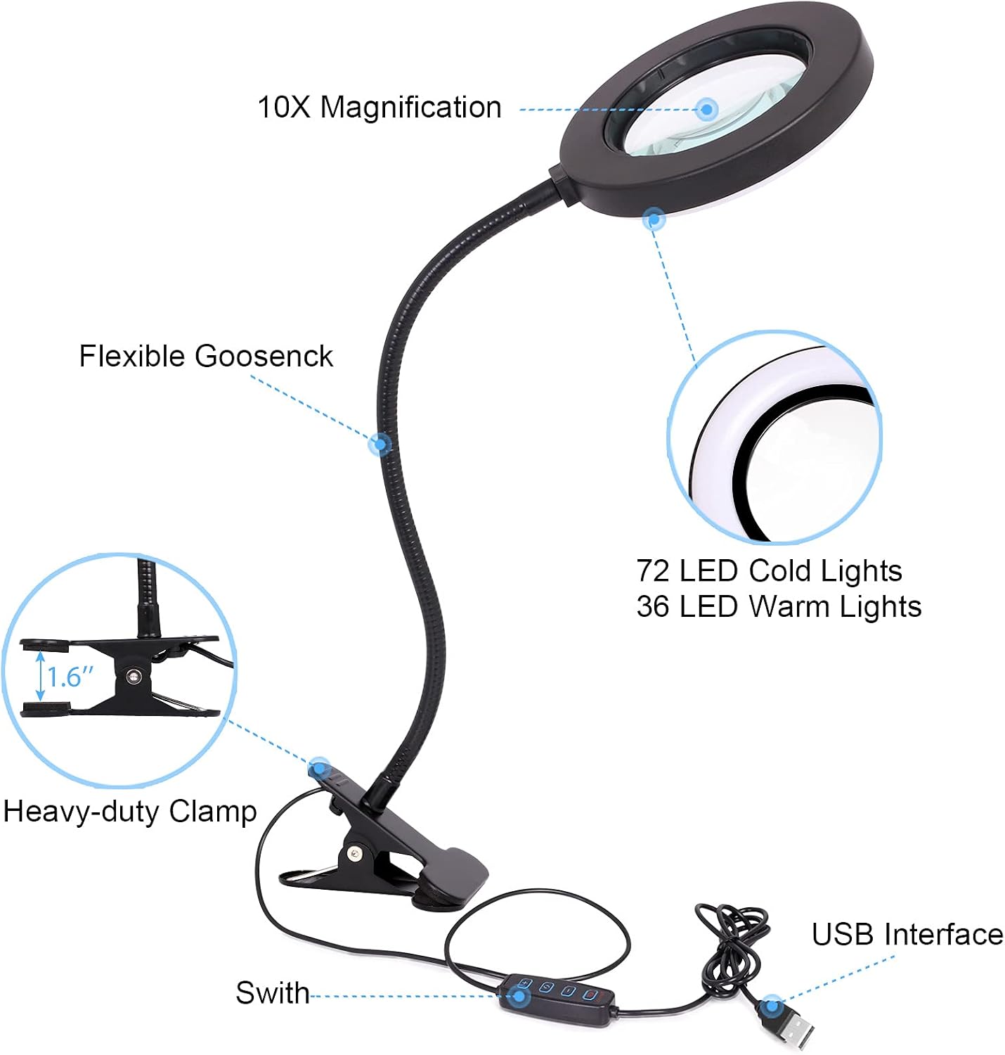 10X Magnifying Glass Lamp with Light Magnifier Light with Clip, Adjustable Flexible Gooseneck, 3 Color Modes Magnifying Lamp with USB Powered, Perfect for Daily Hobbies Repairing, Reading, Crafts