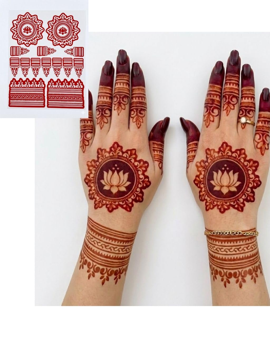 Red Lotus Mehndi Hand Sticker Sheet Floral Mandala Tattoo Decal Bridal Design Temporary Sticker Art Adhesive Template Kit Women Girls-picture-43