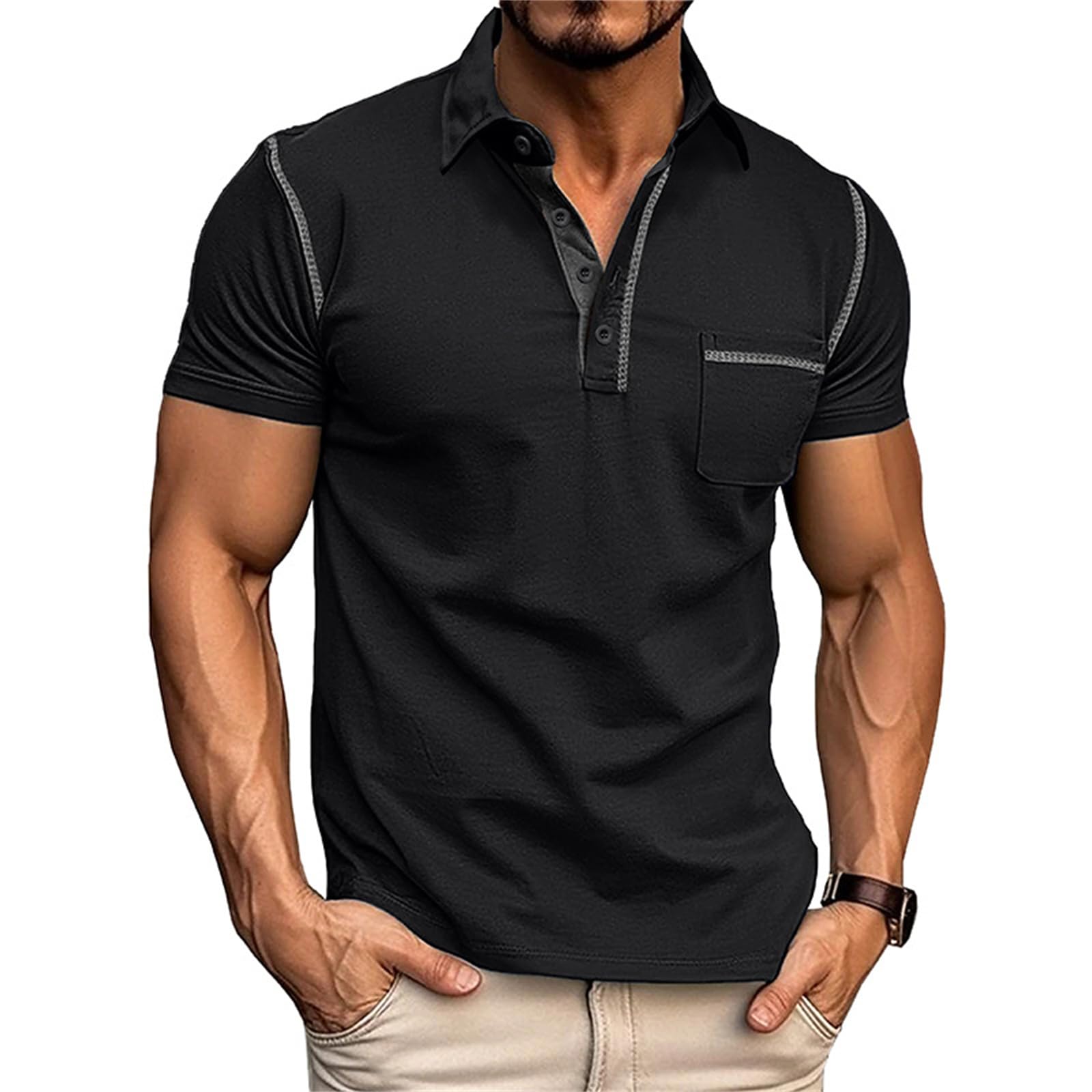 Men's Casual Polo Shirts Classic Short Sleeve Lightweight Button Cotton T-Shirt Golf Tee Tops with Pocket