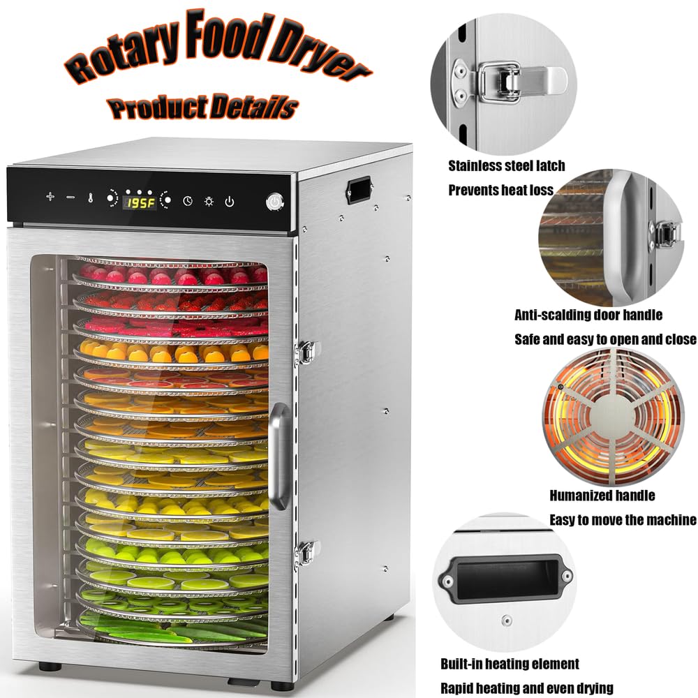Deshidratador de alimentos giratorio 360°(10 bandejas extragrandes) Control de temperatura de 86℉ a 190℉ Ventilador doble de 800W Deshidratador para carne seca,frutas,hierbas,verduras