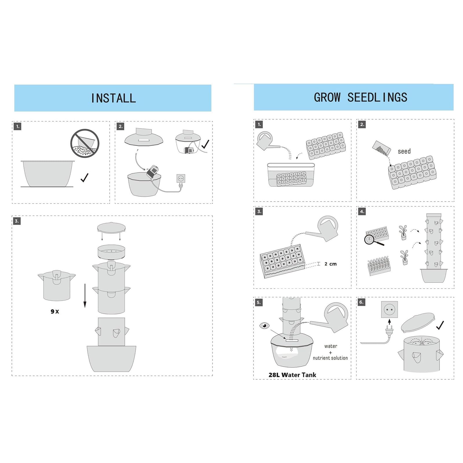 Kit Cultivo HidropóNico, 20/28/36 CáPsulas Huerto Vertical Hierbas para Interior con Luz Led Y Temporizador AutomáTico, Torre Cultivo Vertical con Autorriego para Exterior Hogar,9 Layers,Black