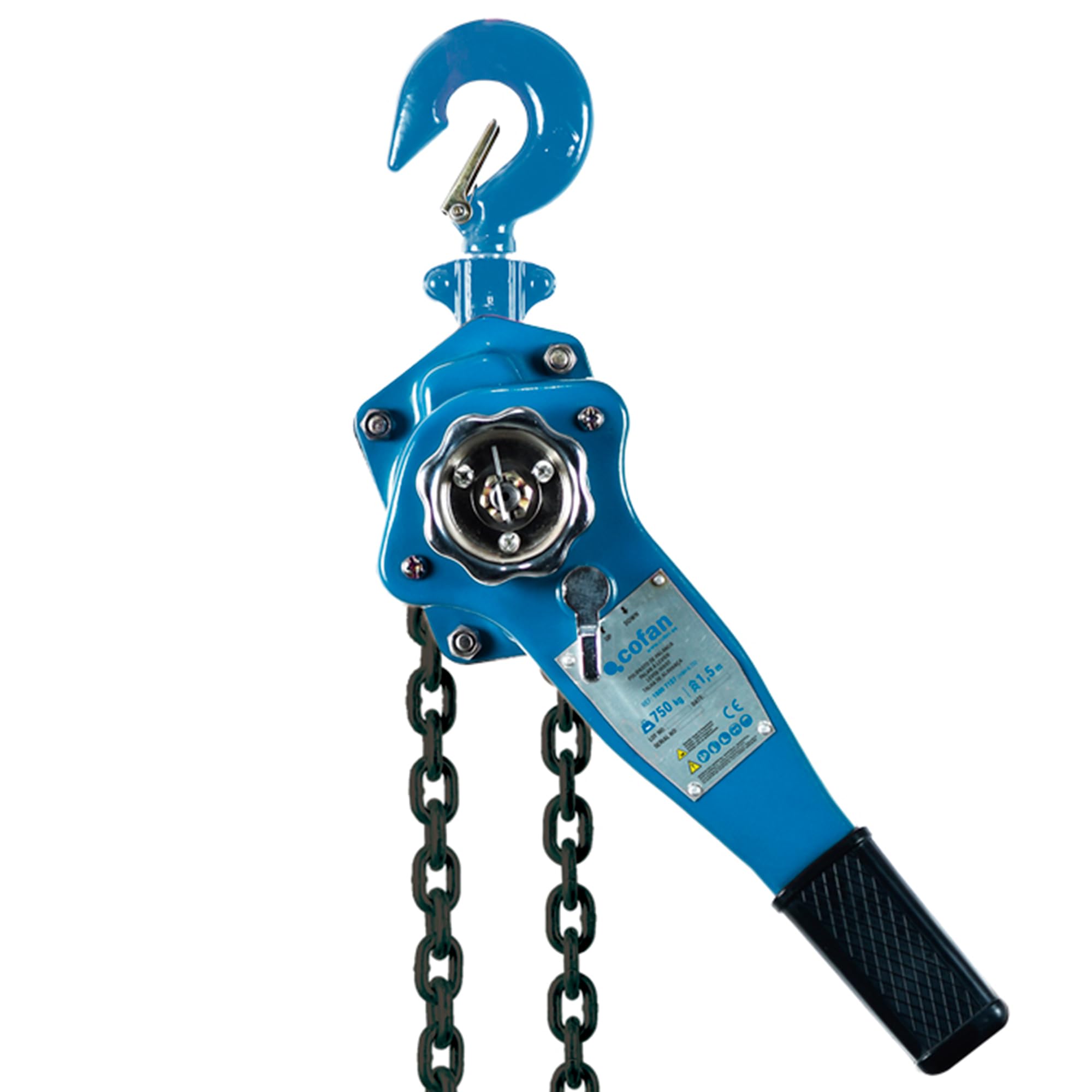Cofan Polipasto manual de palanca | Altura de elevación: 1,5 m | Capacidad de carga: 750, 1500 o 3000 kg | Color: azul | Material: acero | Gancho resistente (Azul, Carga 3000 kg)