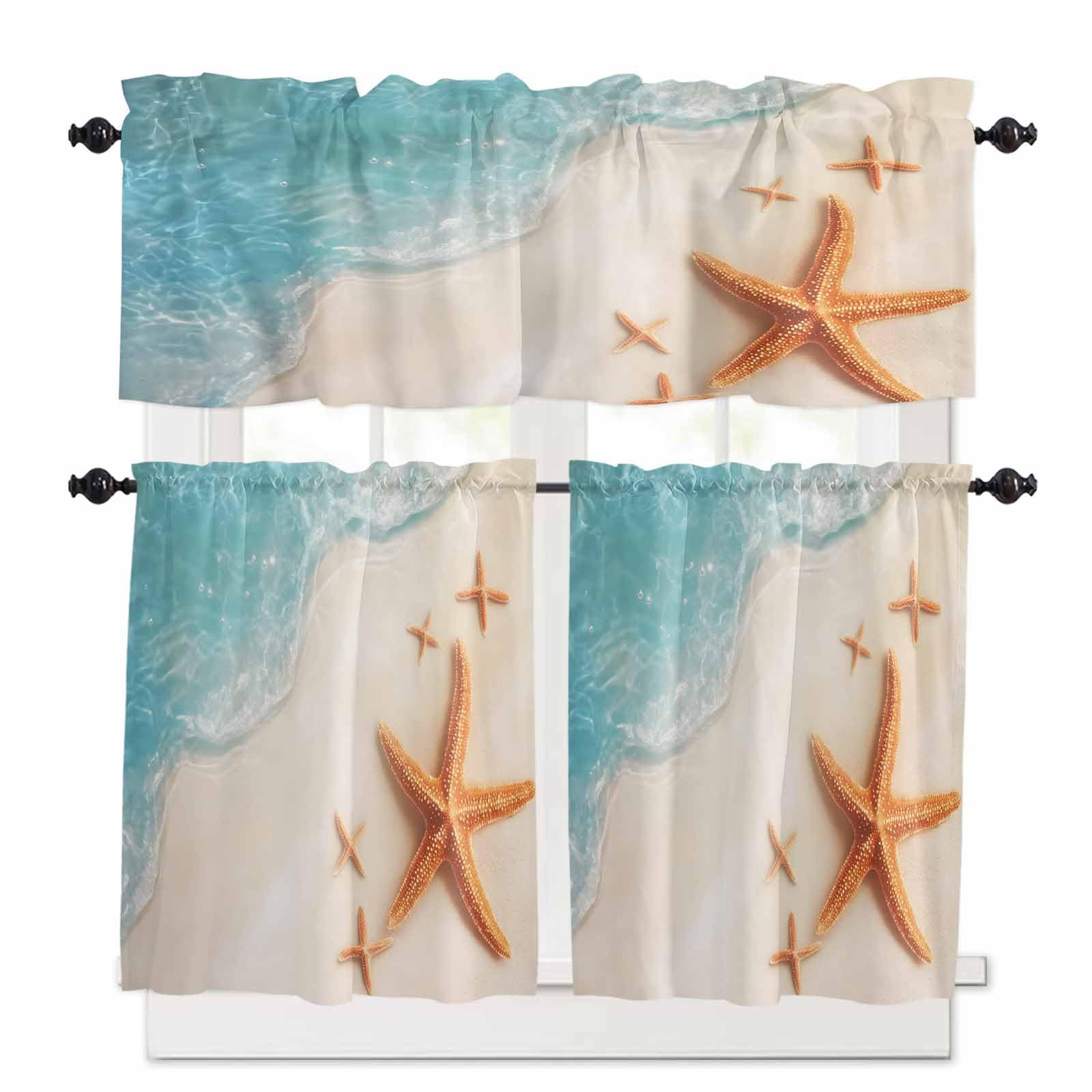Starfish Kitchen Curtains 24 Inch Length, 3 Piece Rod Pocket Small Half Tiers and Valance Set, Coastal Ocean Beach Sand Seashore Waves Small Large Window Treatment Decor for Bedroom/Bathroom Sink