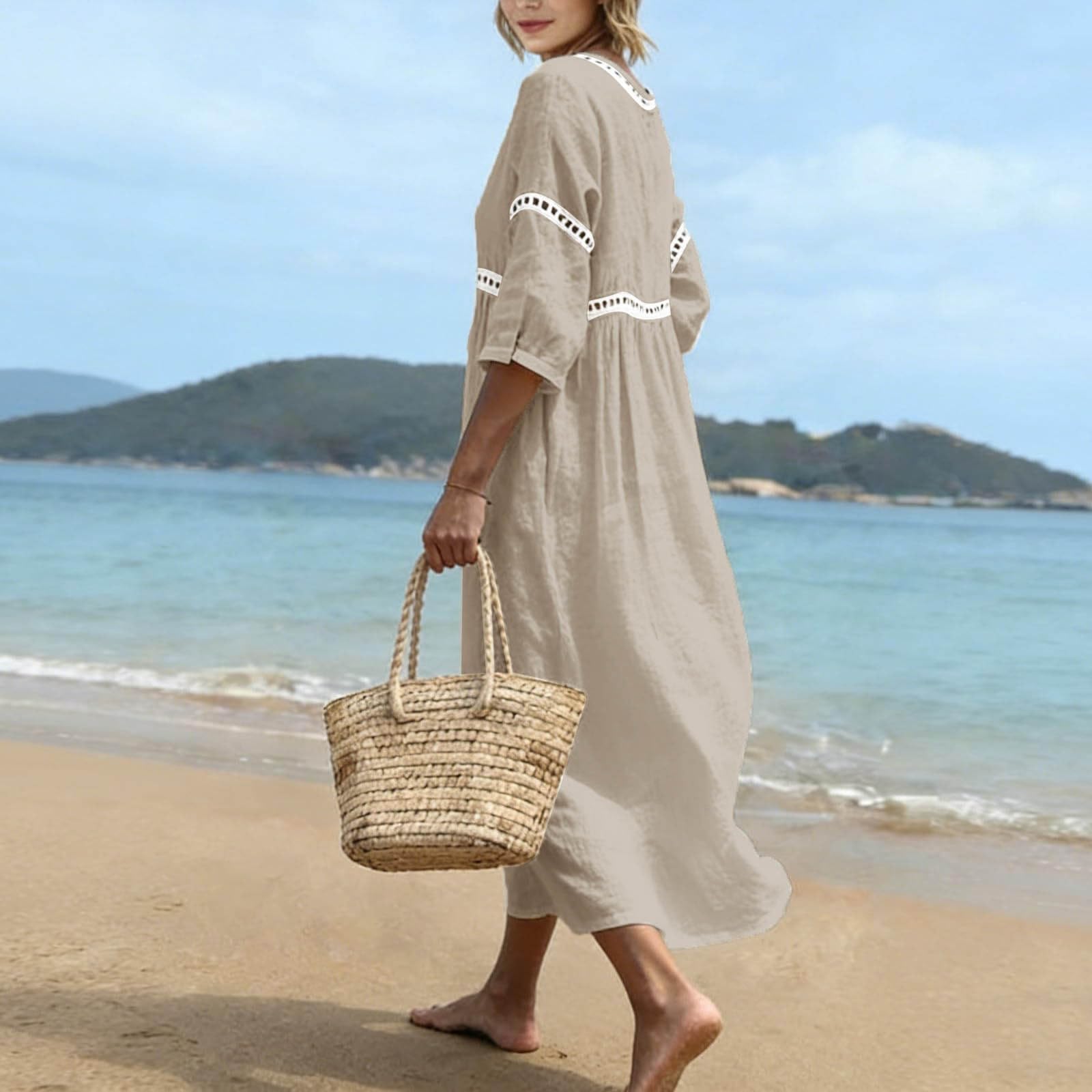 Sukienka damska letnia długa lniana sukienka bawełniana duży rozmiar bawełna i len długie sukienki damskie szykowne i eleganckie dekolt w serek Casual Luźny strój lato plaża wakacje