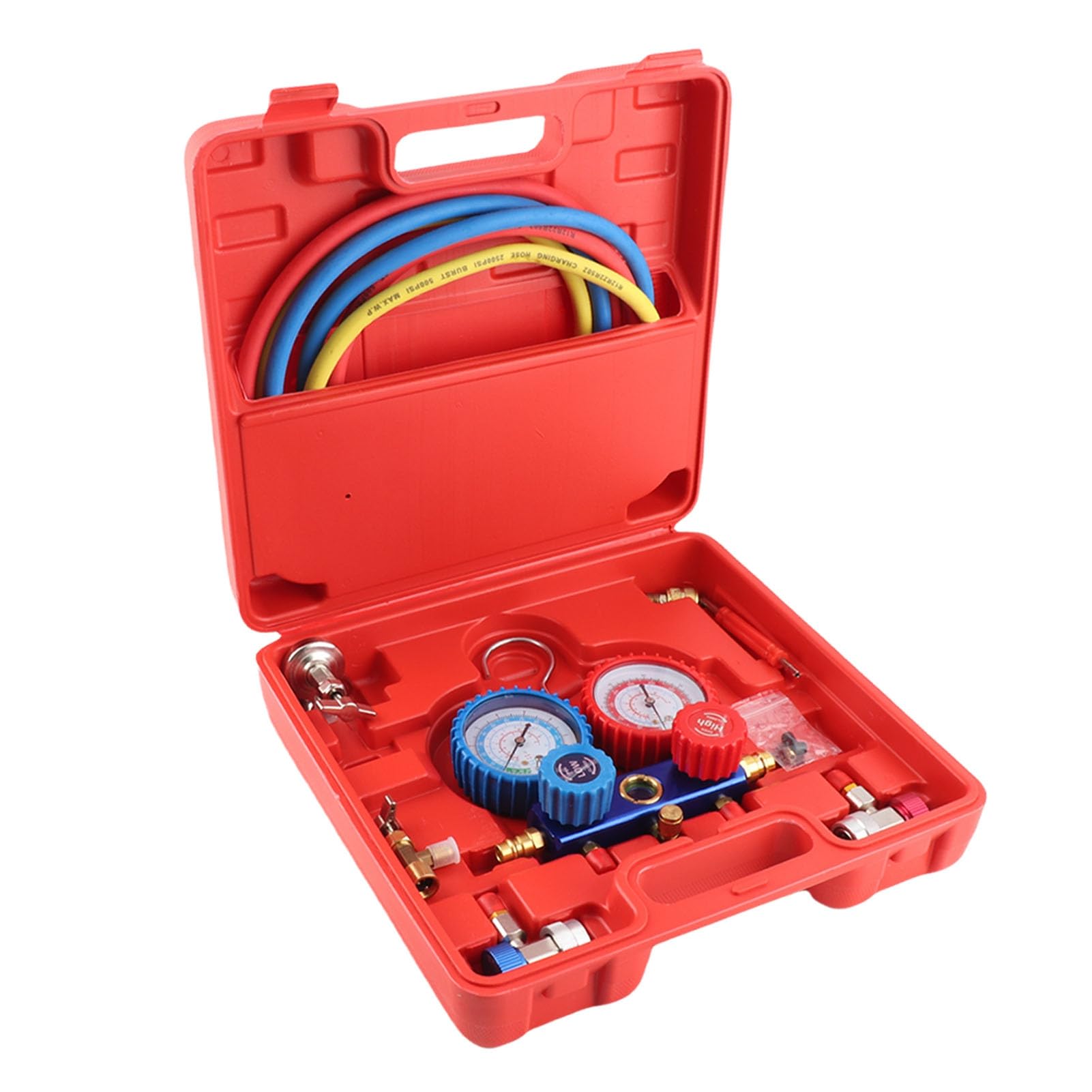 Juego de Manómetros de CA R134a con Mangueras de Carga de 5 Pies, Herramientas de Reparación de Líneas de Aire Acondicionado, Manómetros de Alta y Baja Presión Codificados por Colores,