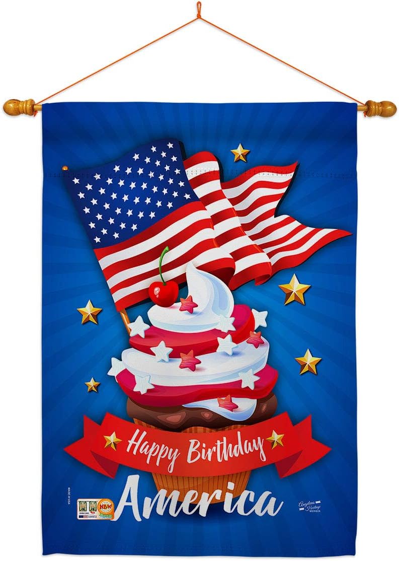 Happy Birthday America House Flag - Dowel Set Patriotic Fourth of July Independence Day Fireworks BBQ United State American - Banner Small Garden Yard Gift Double-Sided Made In USA 28 X 40