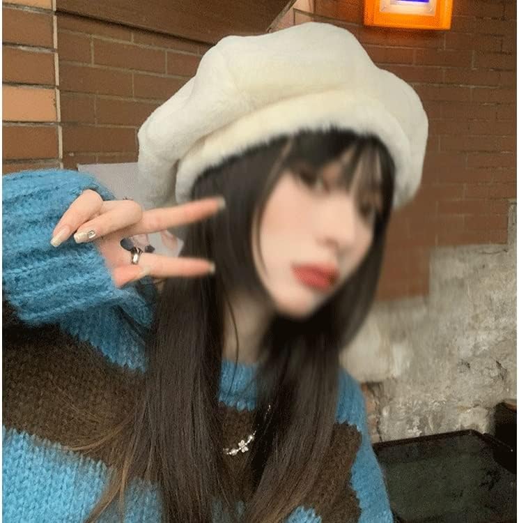 Women Winter Fuzzy Plush Beret Cap Rhinestone Faux Pearl Embellished Painter Beanie Hat