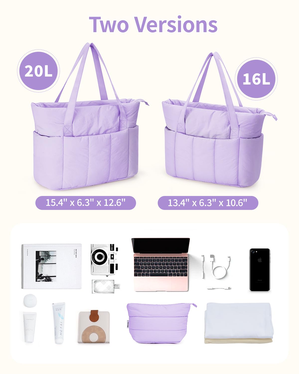 Narwey Bolso Tote Mujer Acolchado Grande, Puffer Tote Bag de Trabajo y Deporte con Cremallera y Compartimentos para Portátil, Bolso de Mano y Hombro Ligero para Escuela, Universidad y Viaje (Violeta)