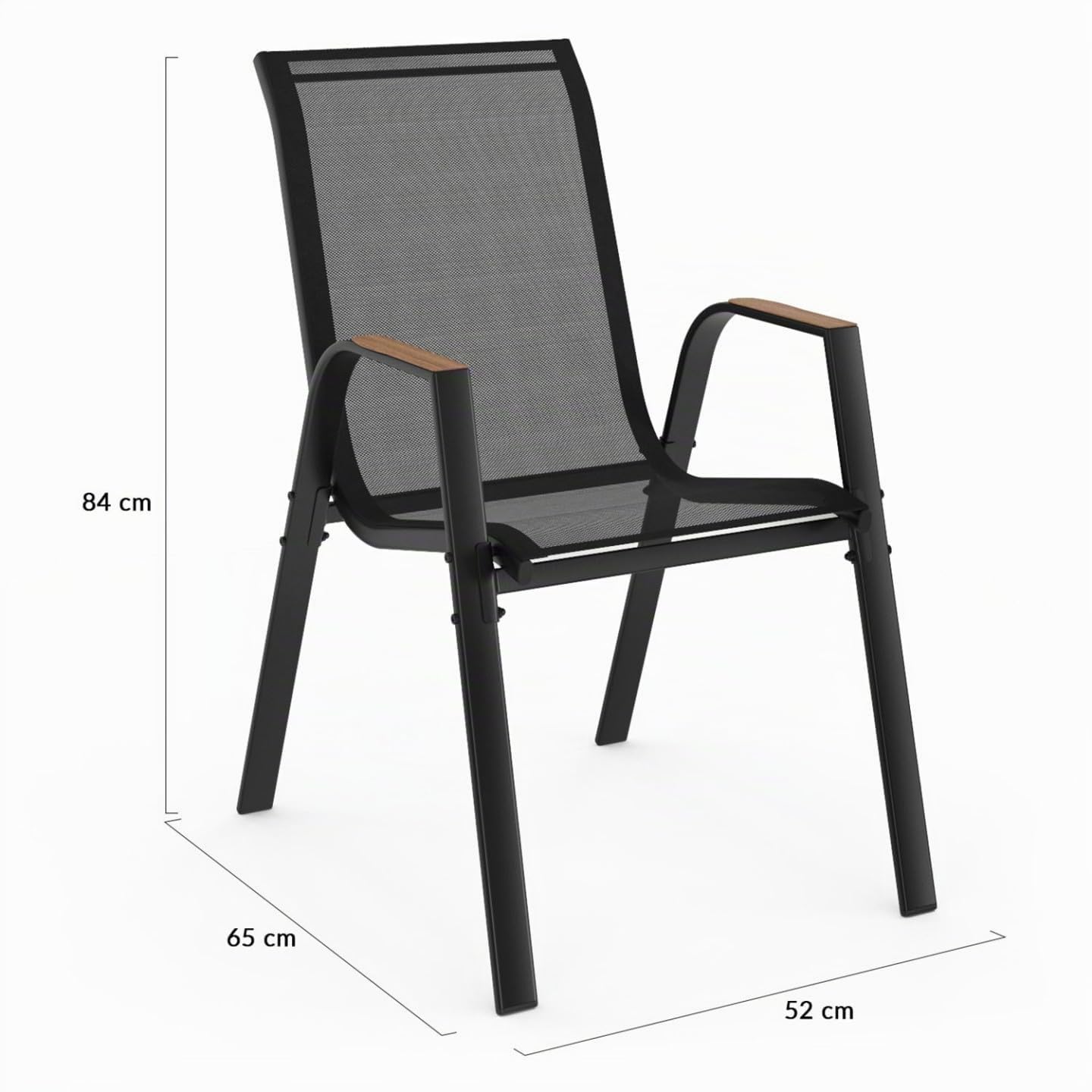 IDMarket NOUMEA - Juego de 6 sillas de jardín (metal y textileno, apilables, color negro y madera)