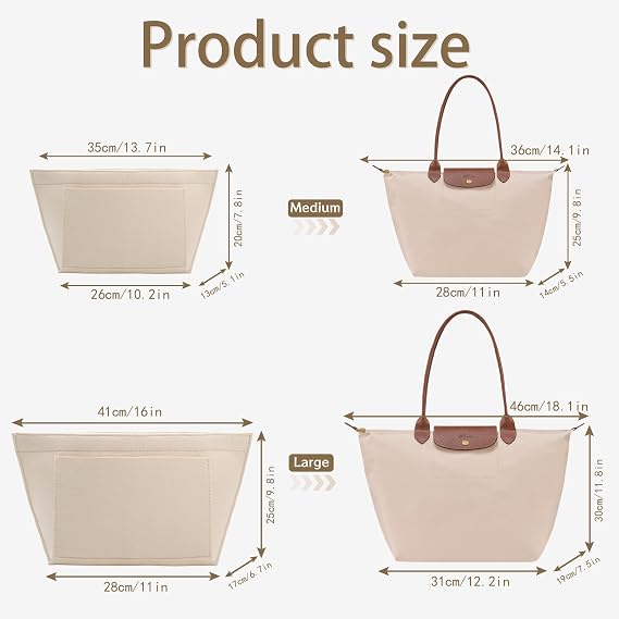 Bag Insert Organizer, Handbag Organiser Insert, Multi-Pocket Felt Handbag Organizer With Zipper for Insert Wallet Organizer, Folding Tote Bag Organizer Insert for Longchamp (Beige, L)