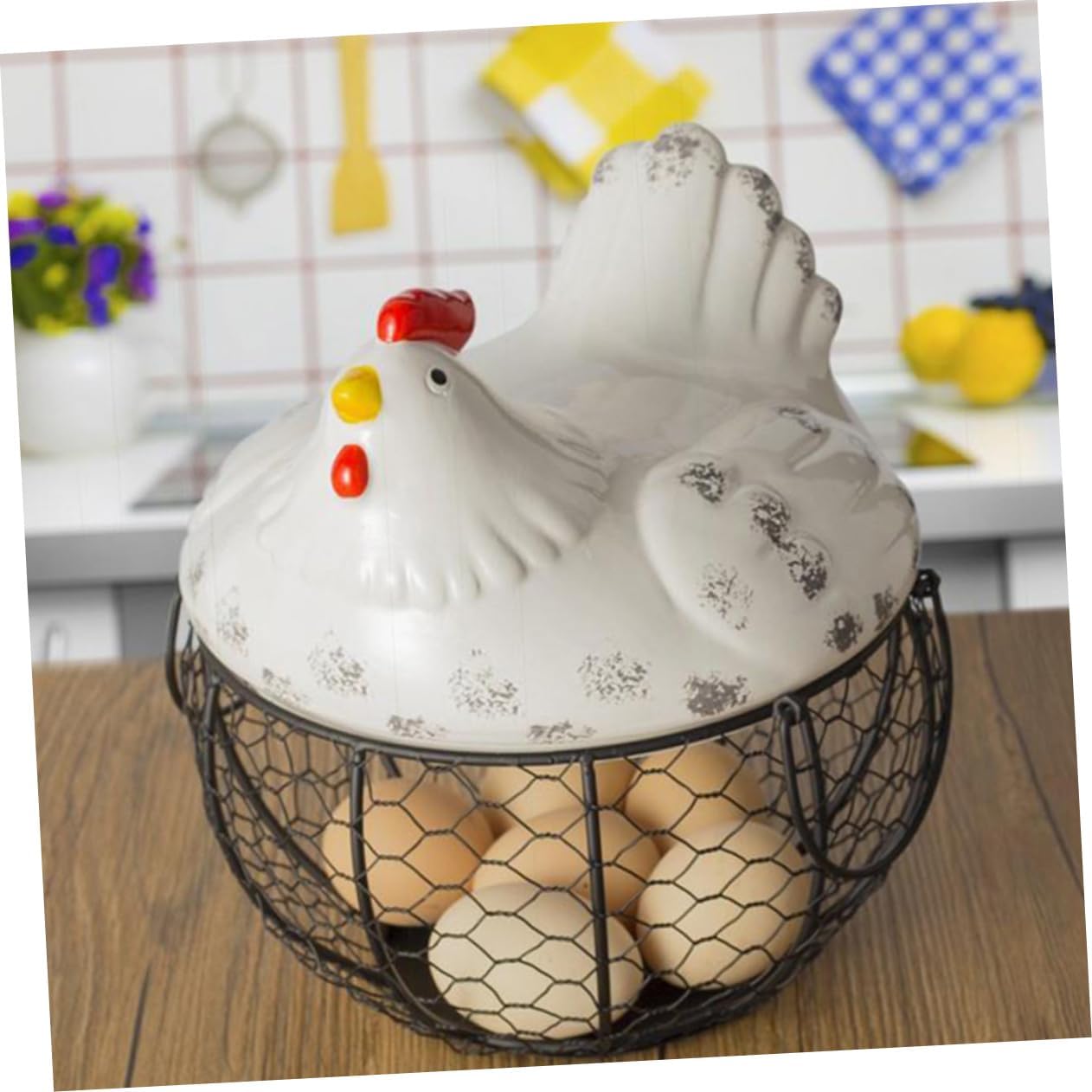 Luxshiny White Iron Egg Basket with Creative Hen Lid Kitchen Fruit and Snack Storage Organizer Rustic Decorative Basket for Home Restaurant Living Use