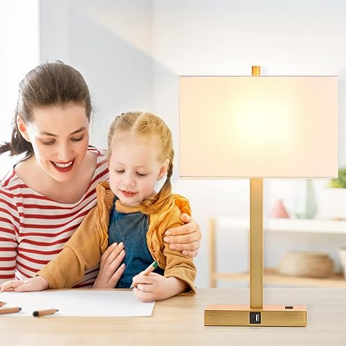 Miniatura 8 de 21" Set of 2 Touch Control Table Lamps with 2 USB & AC Outlets, 3-Way Dimmable Modern Nightstand Lamps for Bedroom Living Room Office Reading, White