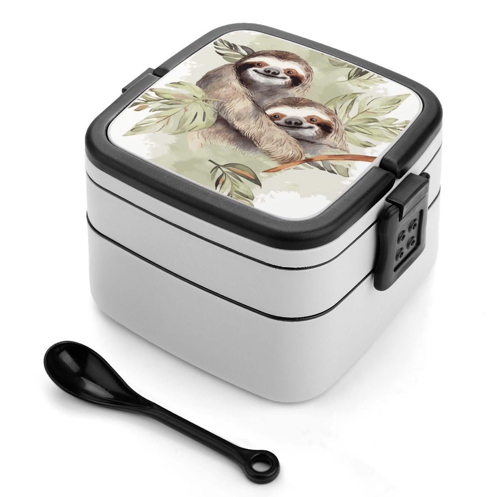 FekiLoot Watercolor Sloth Bento Box Adult Lunch Box Sealed Bento Lunch Boxes with Spoon Sturdy Double Layer Bento Boxes Snap-on Design Leak Proof Lunch Containers Ideal for Work